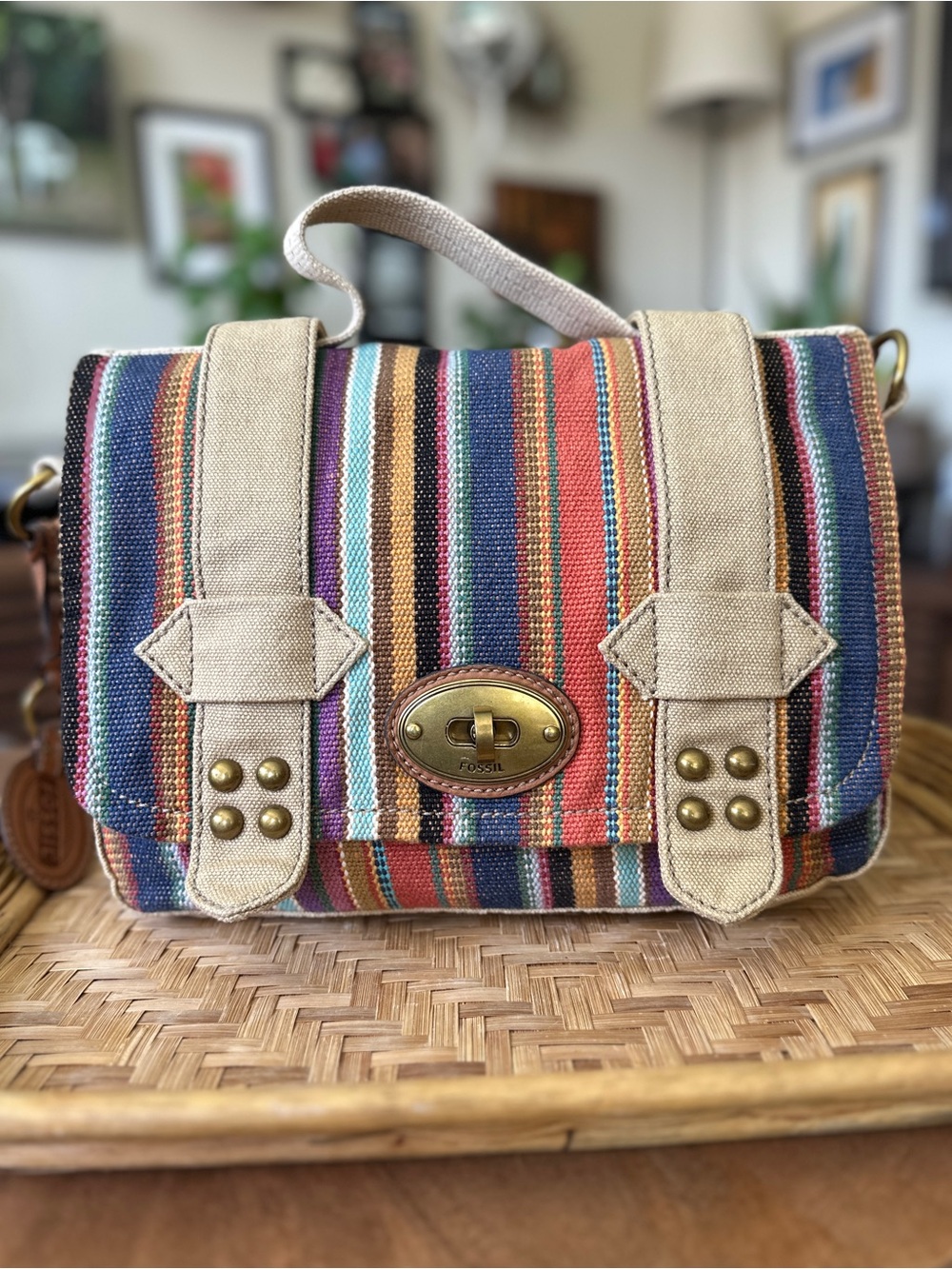Fossil Grayson Striped Woven Canvas Crossbody Flap Bag Vintage Boho